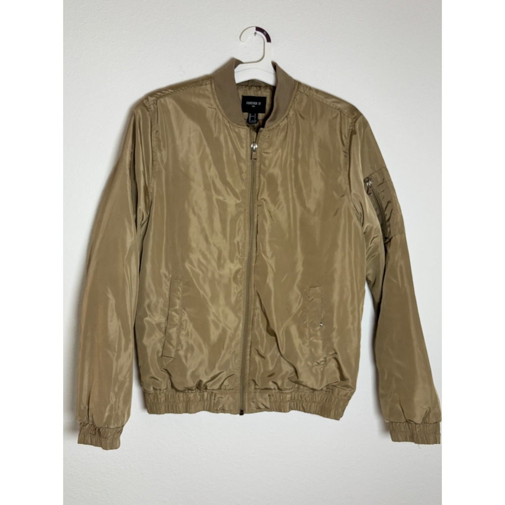 Forever 21 Men Tan Bomber Jacket Small Full Zip Utility Pocket Lightweight Coat